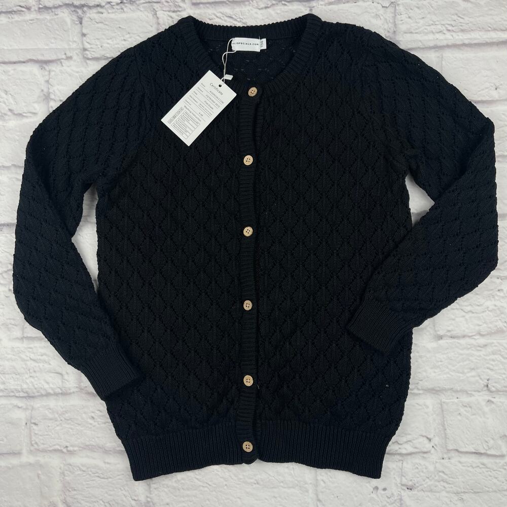 K0-1014 Alispecials Black Knit Cardigan Sweater Size 150 (11-12 years)